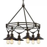Shelton Chandelier with six downward-facing industrial-style lampshades in dark rustic metal on circular frame