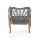 Side close-up highlighting tightly wrapped gray cords on wood frame arm and backrest