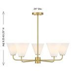 Blair chandelier technical drawing with dimensions and adjustable height range arrows