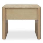 Back view highlighting solid panel and wood base with travertine top