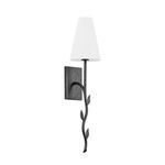 Elwyn Wall Sconce with textured black metal stem featuring decorative leaves and tapered off-white linen shade