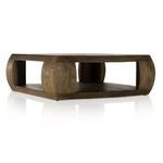 Partial front angle with soft shadows emphasizing the sculptural curved sides in dark drift wood