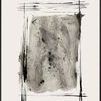 Abstract painting with bold black strokes framing a textured grey-toned center on a light background
