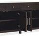 Driftwood Buffet with two doors open revealing adjustable wooden shelves inside