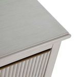 Close-up top corner view of white wood textured surface on chest top and side edge