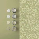Salix Leaves Wallpaper next to green painted wall with open paint cans showing complementary color options