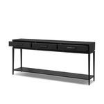 Console table with drawers partially open revealing dark interior storage space