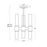 Technical line drawing with dimensions of Dixon Pendant showing adjustable height and pillar spacing