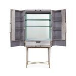 Tall bar cabinet with doors open revealing glass shelves, interior storage shelves, and drawer