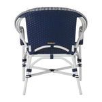 Rear view of the chair showing navy woven backrest and white frame details with brand plaque