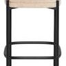 Back view showing black metal frame and footrest of backless almond-colored counter stool
