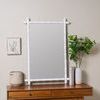 Mirror on wooden sideboard styled with books, ceramic vases, potted green plant, and abstract framed line art