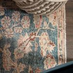 Close-up of rug beside a knitted beige throw showing textured fibers and faded floral motifs