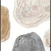 Abstract painting Floating Path II with layered organic shapes in neutral tones of beige, gray, and brown on white background