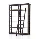 Bookcase viewed from a slightly different angle showing ladder leaning further right on brass bar