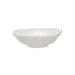 White stoneware colander with hand-twisted edge and evenly spaced drainage holes