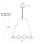 Technical line drawing with measurements of small woven outdoor pendant light showing height, chain length, and width dime...
