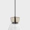 Elodie asymmetric hourglass pendant with clear lower glass shade and light bronze-plated upper glass shade on dark metal f...