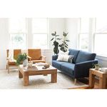 Living room scene with coffee table surrounded by leather and blue fabric seating and plants