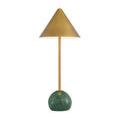 Green & Brass lamp shown in styled interior setting with natural light and neutral curtains