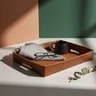 Brown leather tray styled with a cup, napkin, glasses, and eucalyptus branch in sunlit room