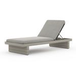 Modern grey outdoor chaise lounge with solid teak frame and stone grey textured cushion, reclined backrest