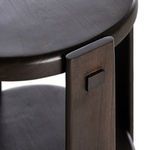 Macro detail of dark wood grain texture on tabletop of two tier end table