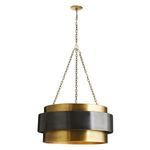 Full view of pendant suspended from ceiling showing tri-chain mounting and canopy plate