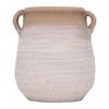 Front view of urn with soft horizontal texture and matte terracotta finish under natural light