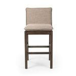 Back view of Wilmington Stool showing three brown straps with buckles and almond wood frame