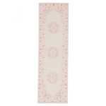 rug long runner style with three central medallions and floral border in pink and white