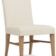 Driftwood Upholstered Side Chair with plush bisque fabric seat and back, oak legs in Buckboard finish with stretcher support