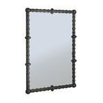 Rectangular mirror with a black pine wood frame featuring intricately beaded dowels and rustic finish