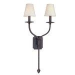 La Brea Wall Sconce with two upward curving arms, dark metal finish, and cream fabric shades