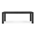 Front view highlighting the straight edges and uniform black wood grain of the rectangular dining table