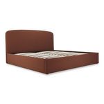 Side angle of Joan bed frame showing fabric slipcover seams and low profile base