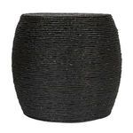 Rear angle of handwoven black accent table showing consistent rope weave and rounded form