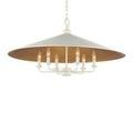 Chandelier illuminated with six candle bulbs suspended from chain against white background
