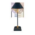 Front view of smaller scale Daphne Table Lamp with squared base and tapered navy-blue shade