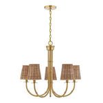 Front view of chandelier with warm brass finish and textured rattan shades angled to the left