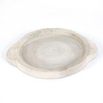 Overhead closer focus on center of Tadeo tray showing concentric wood rings and light finish