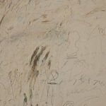 Detailed close-up of marks and scribbles with soft earth tones and sketch-like shapes