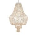 Side angle emphasizing the graceful curve and layered shell swags of the chandelier