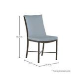 Monaco Aluminum Side Chair shown with dimensions overlay detailing height, depth, and width measurements
