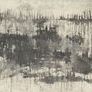 Abstract painting in dark and muted tones with textured layers and subtle golden accents on a light background