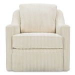 Cream-colored Hollins swivel chair with textured barrel back, loose back cushion, and track arms in a soft vertical cordur...