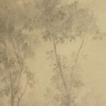 Detail of faint tree branches painted in muted gray on textured raw canvas surface