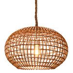Pendant light illuminated showing warm glow through open wicker weave