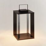 Hanley Solar LED Lantern in matte black metal with square frame and solar panel on top illuminating warm light