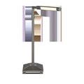Front view showing narrow, pyramid-shaped metal base with knob near support post
